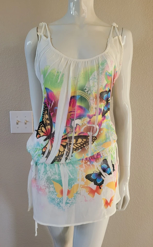 VTG Y2K Double Zero Rainbow Butterfly Top Size Medium sheer tunic tie straps - Image 2 of 4