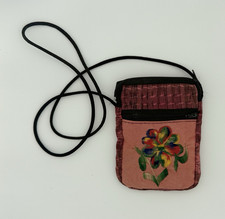 Pink Floral Embroidered Small Crossbody Bag Zip Closure Black Strap Boho