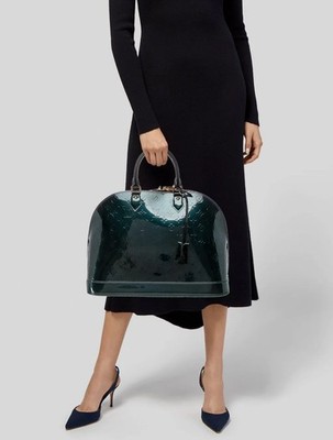 Authentic Louis Vuitton Alma GM Azure Bleu Nuit Vernis Patent Leather Bag 