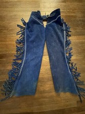 Vtg WESTERN Fringed COWBOY Working Ranch CHAPS Custom Made Blue Suede LEATHER