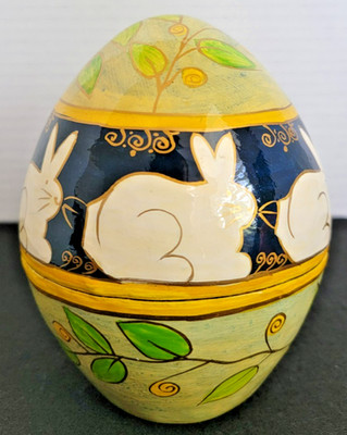 Wooden Egg Shape Trinket Box Hand Painted Rabbit Bunnies Paper Mache Lacquered