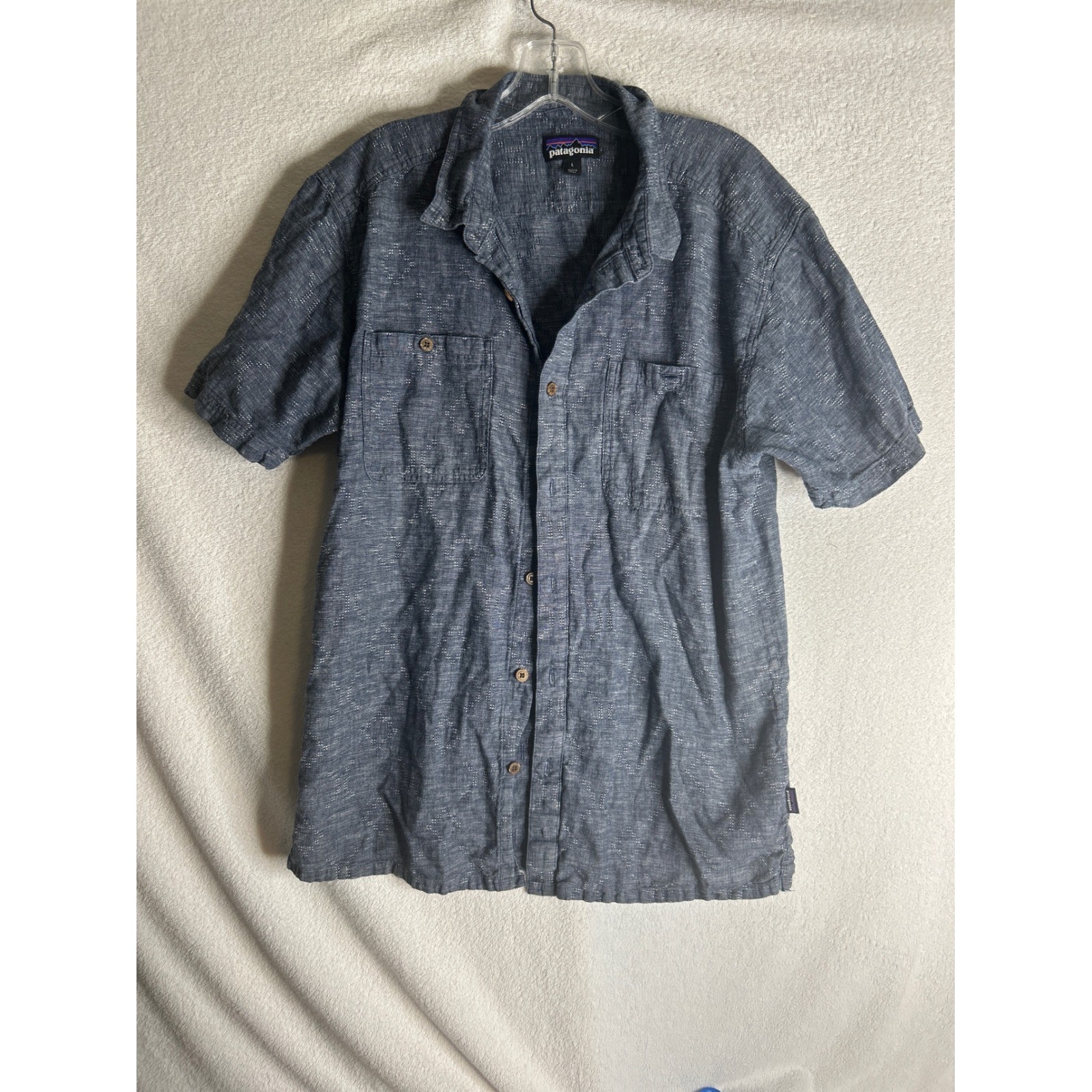 Patagonia Mens Blue Hemp Organic Cotton Short Sleeve Button Down Shirt L 53139