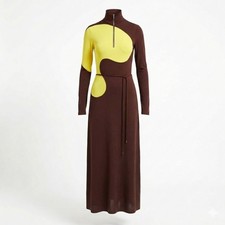 Tory Burch Elegant Long Sleeve Dress in Yellow and Brown Size 6
