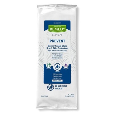 Medline Remedy Clinical 3-in-1 Barrier Cream Cloth, 8 count (1 Pack), 8 x 8 in A