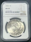 NGC MS63~1924 PEACE S$1~90% SILVER~SOLID U.S COLLECTABLE/INVESTMENT -054
