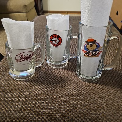 Set Of 3  A & W/BK Logo Large Heavy Glass AW Root Beer Mugs 4.25  5.5  7'' 1960 s
