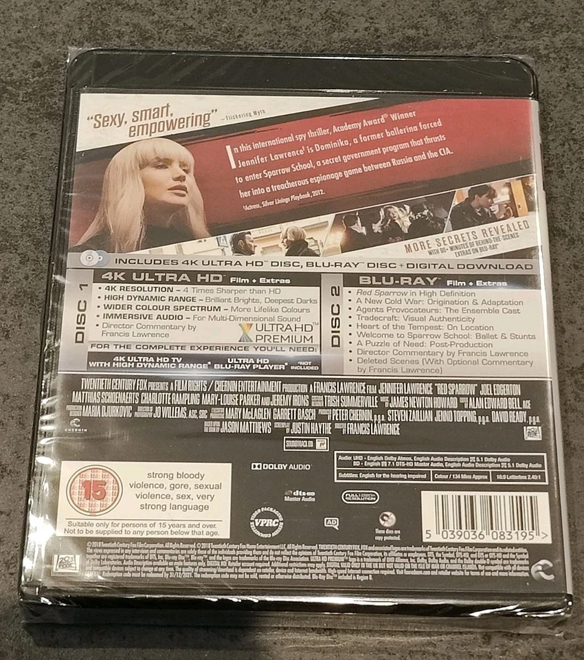 RED SPARROW 4K UHD AND BLU RAY AND SLICOVER BRAND NEW SEALED UK RELEASE  - Image 4 of 4