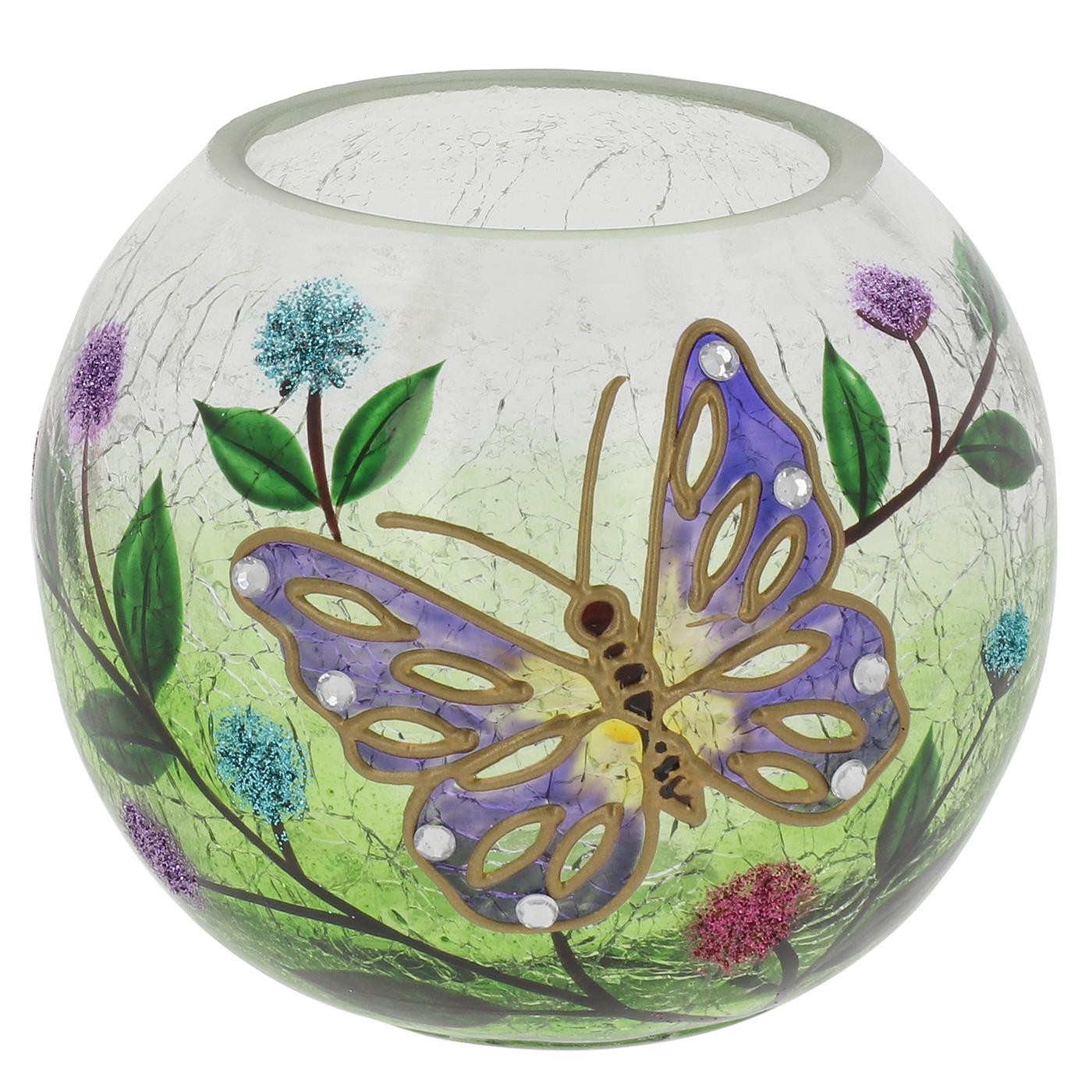 Shudehill Giftware Crackle Round Tealight Holder Butterfly Floral Small