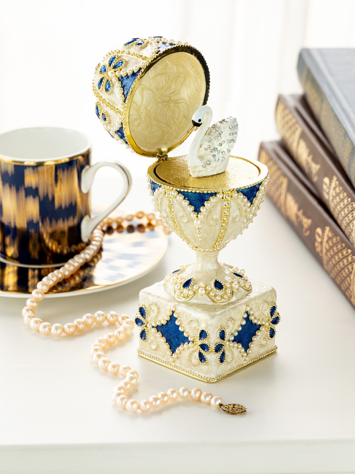 Keren Kopal Pearl Egg with Swan Trinket box Decorated with Austrian Crystals