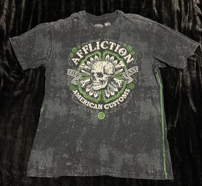 Affliction Mens Y2K Grunge Green Skull Black/Grey T Shirt American Customs XL