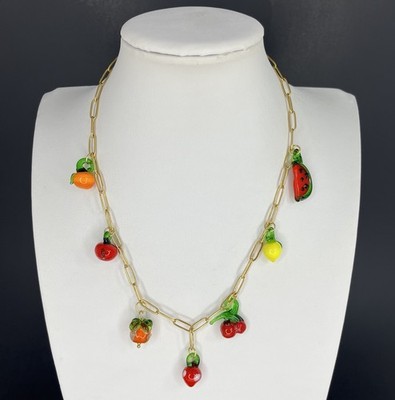 Fruit Salad Necklace Lampwork Art Glass Charms Dangle Gold Tone Chain Retro