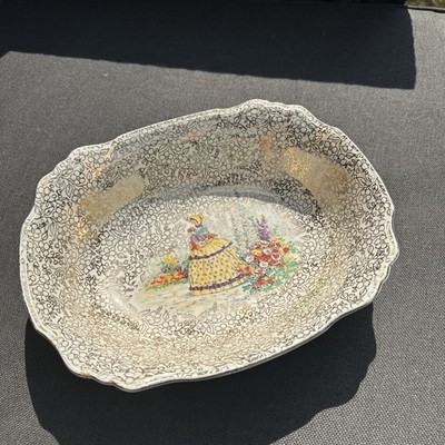 Vintage J Friteuse Meritas Ware Reifrock Dame Keramik große ovale Servierschüssel