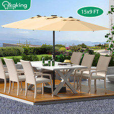 15 ft Large Patio Umbrella Metal Rib Waterproof UV Protection Pool Beach w/ Base