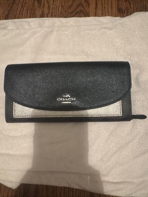 Coach Soft Color block Cross grain Leather Long Wallet Black Gold 