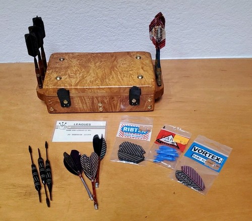 Burl Wood Vtg Dart Holder Box With Some Accessories Darts Flights League Card