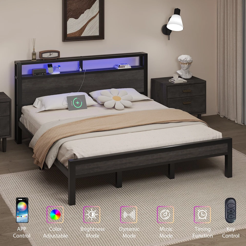 E-MOTIE LED Light Bed Frame with 2-Tier Storage Headboard and Charging Station/Grey