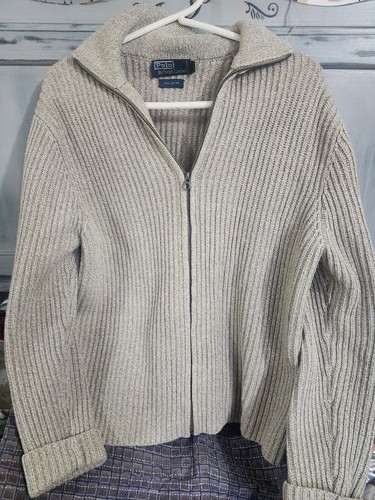 Vintage Polo Ralph Lauren Sweater Mens Large Tan Full Zip Cardigan Jacket Ribbed