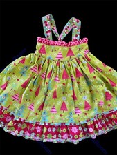 Jelly The Pug Green/Pink/Red Trees Woven Layered Ruffled Twirly Dress-5 Yrs