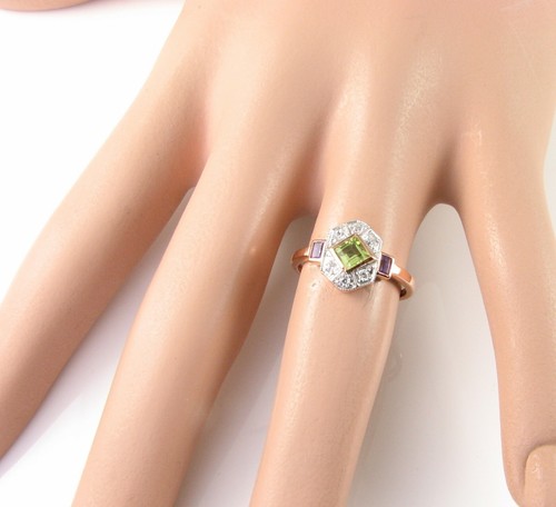 SUFFRAGETTE 9K 9CT ROSE GOLD PERIDOT AMETHYST DIAMOND ART DECO INS RING Size T - Picture 5 of 7