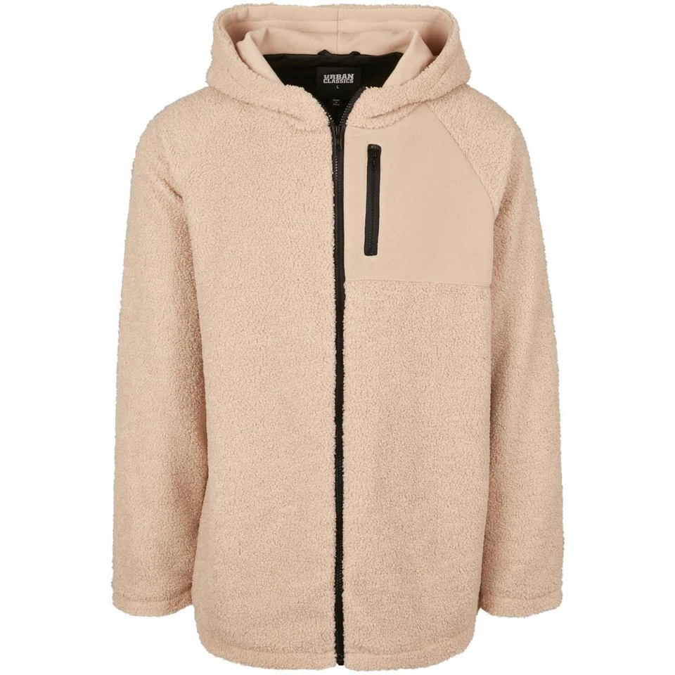 Urban Classics Hooded Sherpa Zip Jacket Fleece Sweatshirt Men's Beige Black - Image 4 of 4