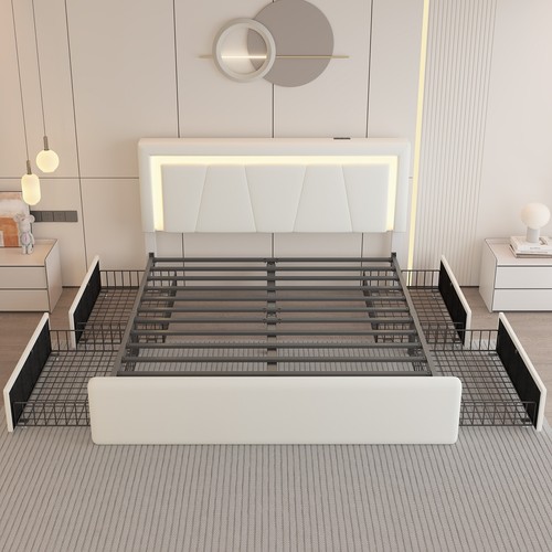 Full/Queen Upholstered LED Bed Frame with Adjustable Headboard＆4 Storage Drawers - Picture 10 of 12