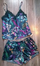 NWT "Linea Donatella" Satin Lace Cami Shorts Sleep Set Tropical Woman M