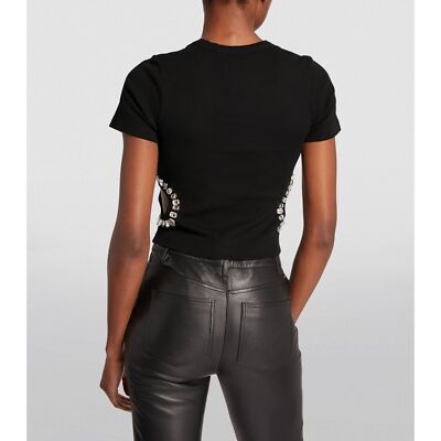 ＊人気＊ SANDRO  ラインストーンクロップドTシャツ Rhinestone cropped T-shirt black / gray For Women | Sandro Paris