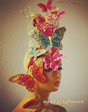 Aimee Fuller Butterfly Hot Pink Gold Blue Hat Kentucky Derby Fascinator Del Mar