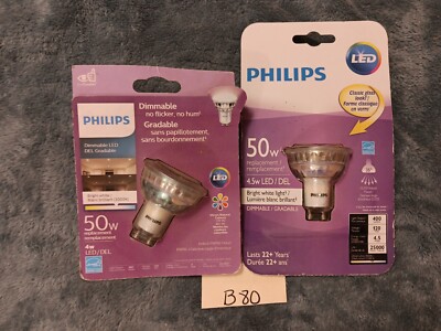 2 Philips LED 50W Dimmable GU10 Base Bright White Indoor Flood same bulb/dif pkg