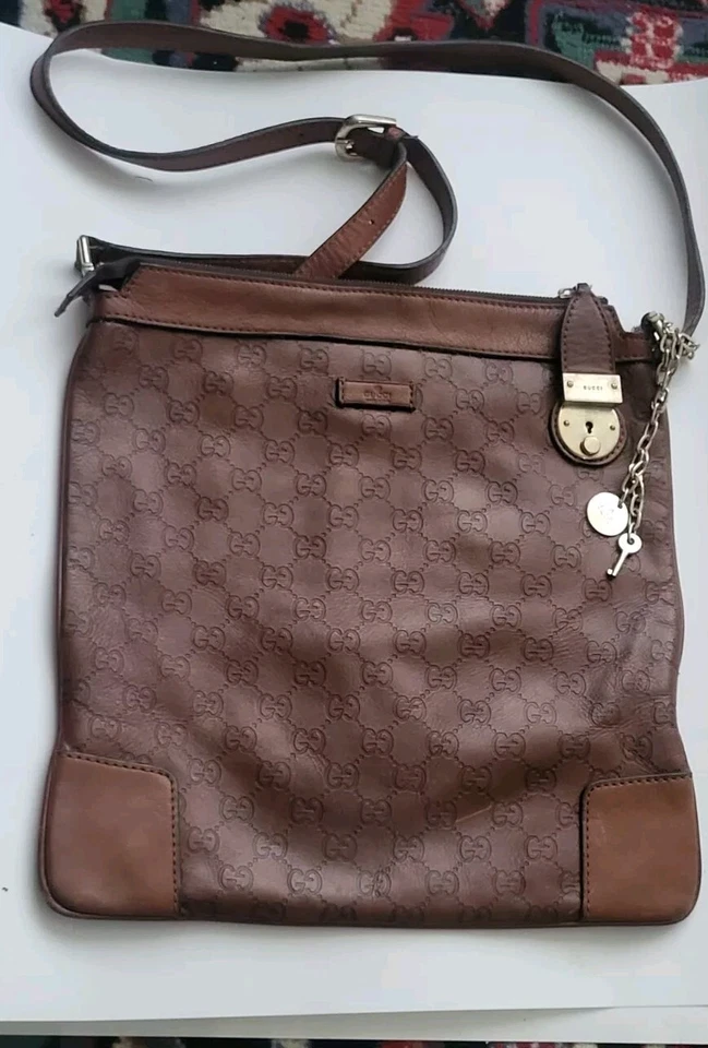 Gucci Authentic Brown Leather Embossed Messenger Bag - Image 2 of 4