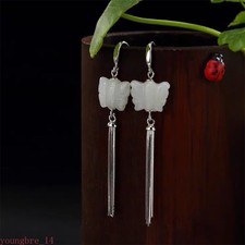 S925 Silver with Natural White Jade Butterfly Tassel Earrings