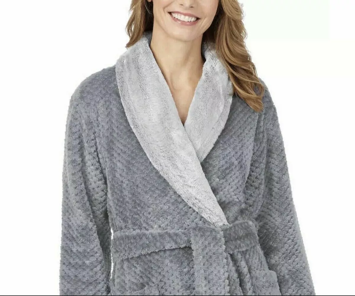 Carole Hochman Women's Grey Textured Plush Wrap Robe / Various