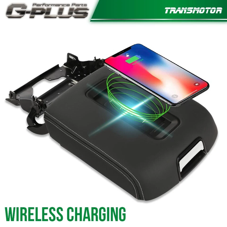 Consola central de cuero negro Fit Chevy GMC 15-19 tapa de reposabrazos con cargador inalámbrico Foto 4 de 4