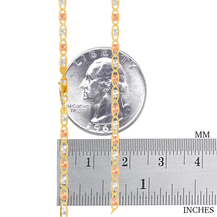 10K Solid Yellow Rose White Tri Gold 2.5mm Valentino Chain Womens Bracelet 8" - Image 4 of 4