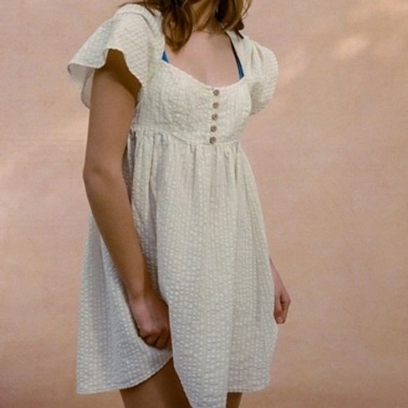 URBAN OUTFITTERS Cream Gingham Puff Sleeve Square Neck Mini Dress S P