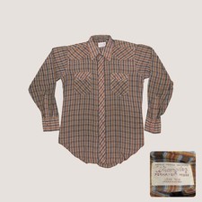 80s Wrangler Pearl Snap Western Shirt Brown Plaid Long Tail Mens Medium