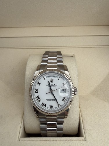 ROLEX 2006 Year DAY-DATE 118239 Silver Roman Dial 18K WHITE GO...