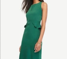 Ann Taylor Green Dress Sz 6 Ruffle Waist Sheath Medium Knee Length Emerald