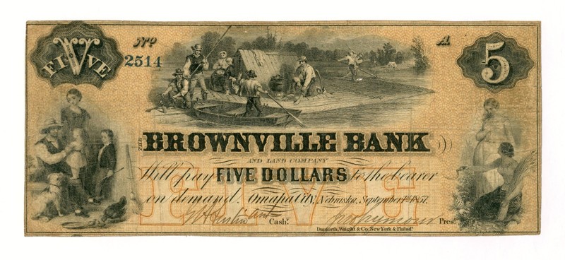 1857 $5 The Brownville Bank and Land Co. - Omaha City, NEBRASKA Note