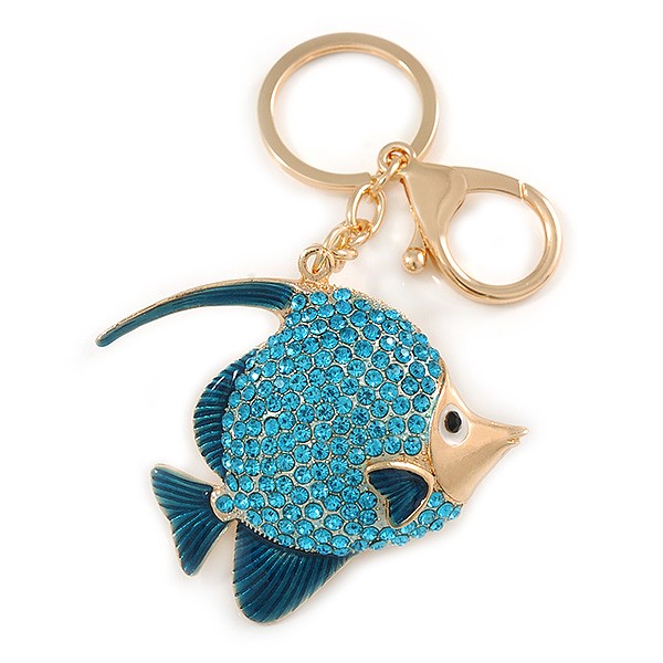 Azure Blue Crystal, Teal Enamel Fish Keyring/ Bag Charm In Gold Tone Metal -