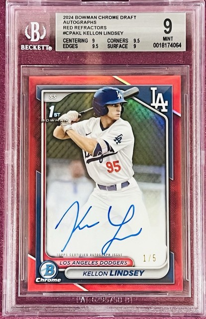 2024 Bowman Draft Kellon Lindsey 1st Chrome Red Refractor Auto 1/5 BGS 9 Dodgers