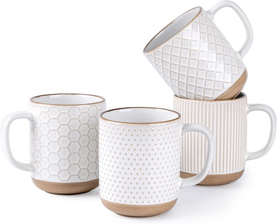 Coffee Mugs Set of 4, 16 Oz White Ceramic Cups with Large Handle