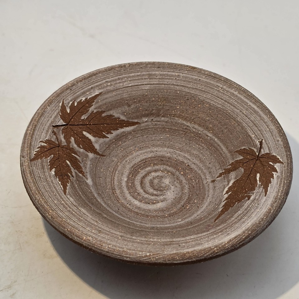Handmade Pottery Studio Art Bowl Signed Stoneware Maple Leaf Design ...
