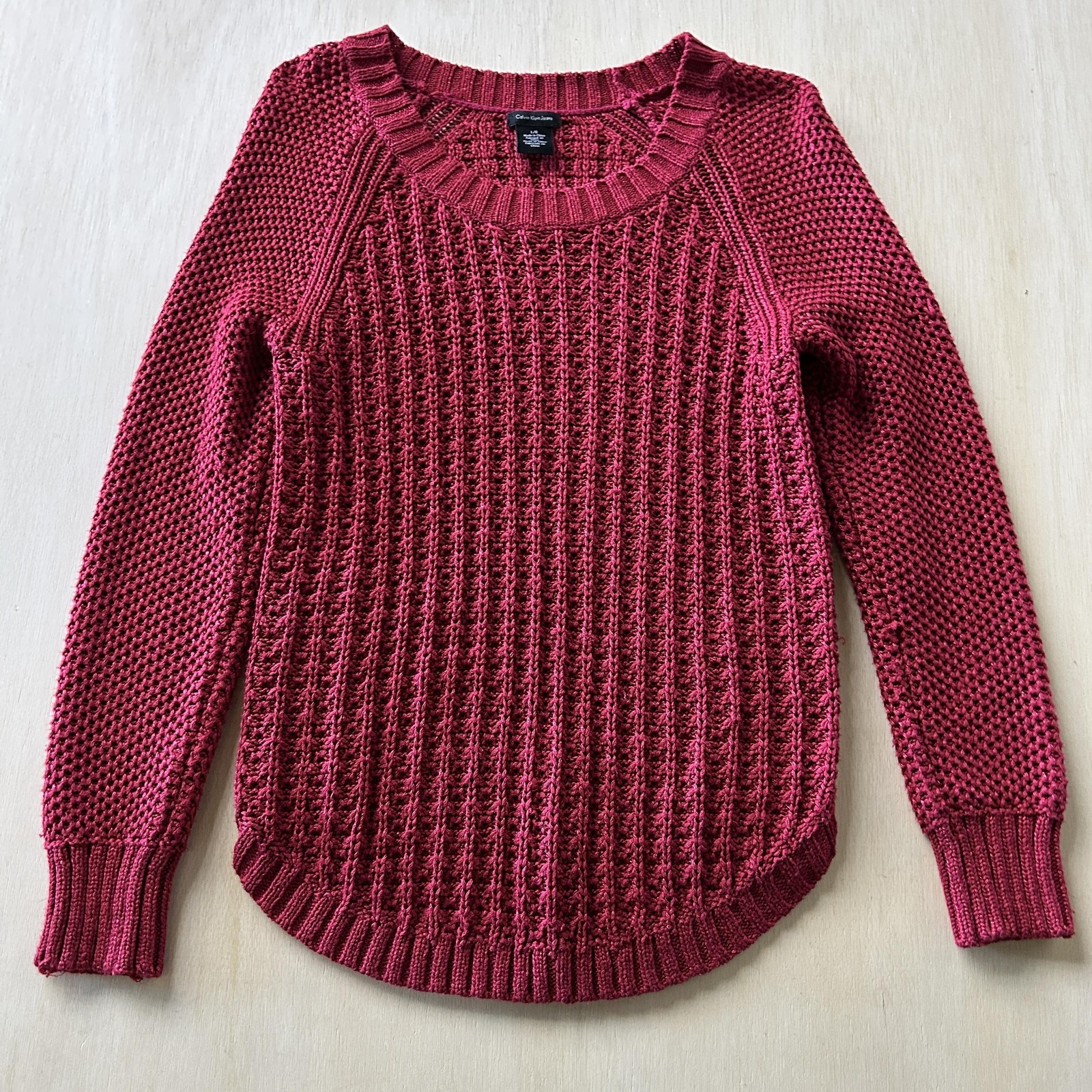 Calvin Klein Jeans Sweater Womens Large Red Open Knit Raglan Crew Pullover