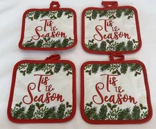 Classic ‘Tis The Season 7X 7 Square Cotton Potholders (4) Reversible Solid Red