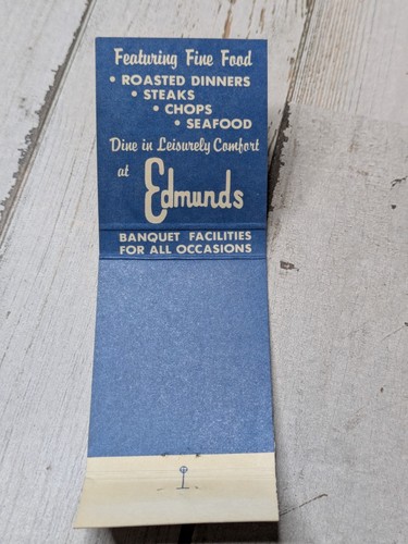 Vintage Matchbook Cover Edmund's Banquets Late Menu Fine Food Oak Lawn Illinois - Picture 3 of 3