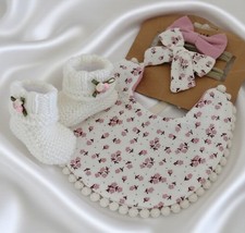 Baby Girl Set - Bib, Headband Booties Baby Shower Gift - Welcome Baby