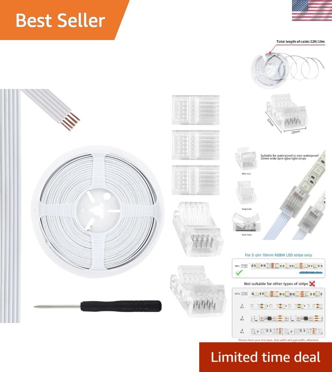 Easy Install 32.8ft RGBW Extension Cable with 5 LED Connectors for DIY Lighting