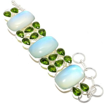 Rainbow Moonstone, Peridot Gemstone Handmade 925 Sterling Silver Bracelet 7-8''