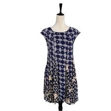 MAEVE ANTHROPOLOGIE Navy FLORAL/AZTEC Tie Tassel INDIGA SWING A-LINE DRESS Sz M